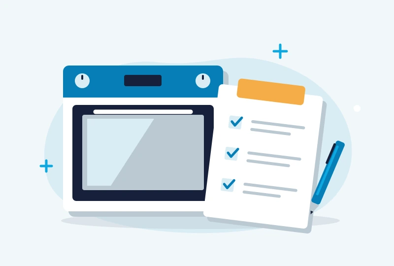 Oven beside a task checklist and pen