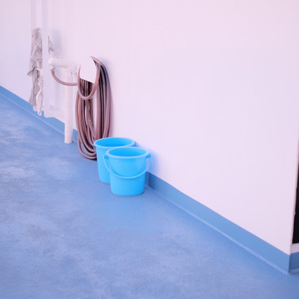 Two plain blue cleaning buckets beside a coiled hose and mop.
