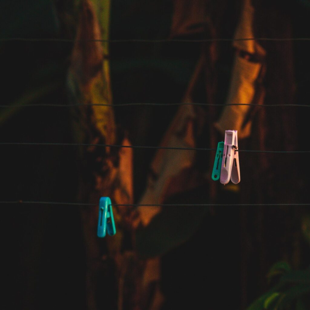 Pastel blue, green and pink clothes pegs hanging on a garden clothesline.