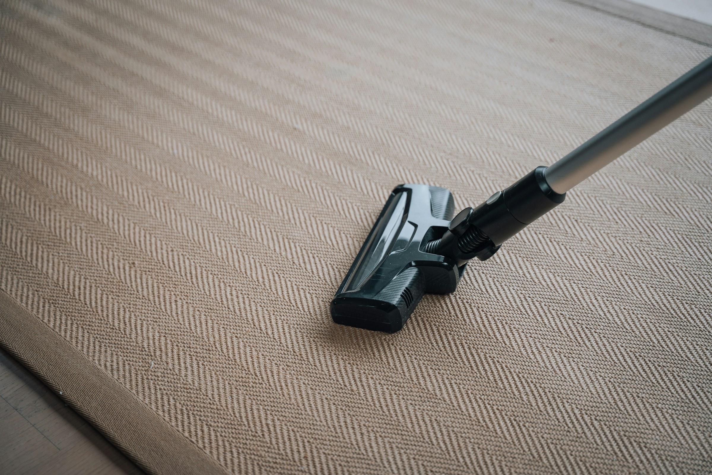 Vacuum cleaner head cleaning a textured rug.