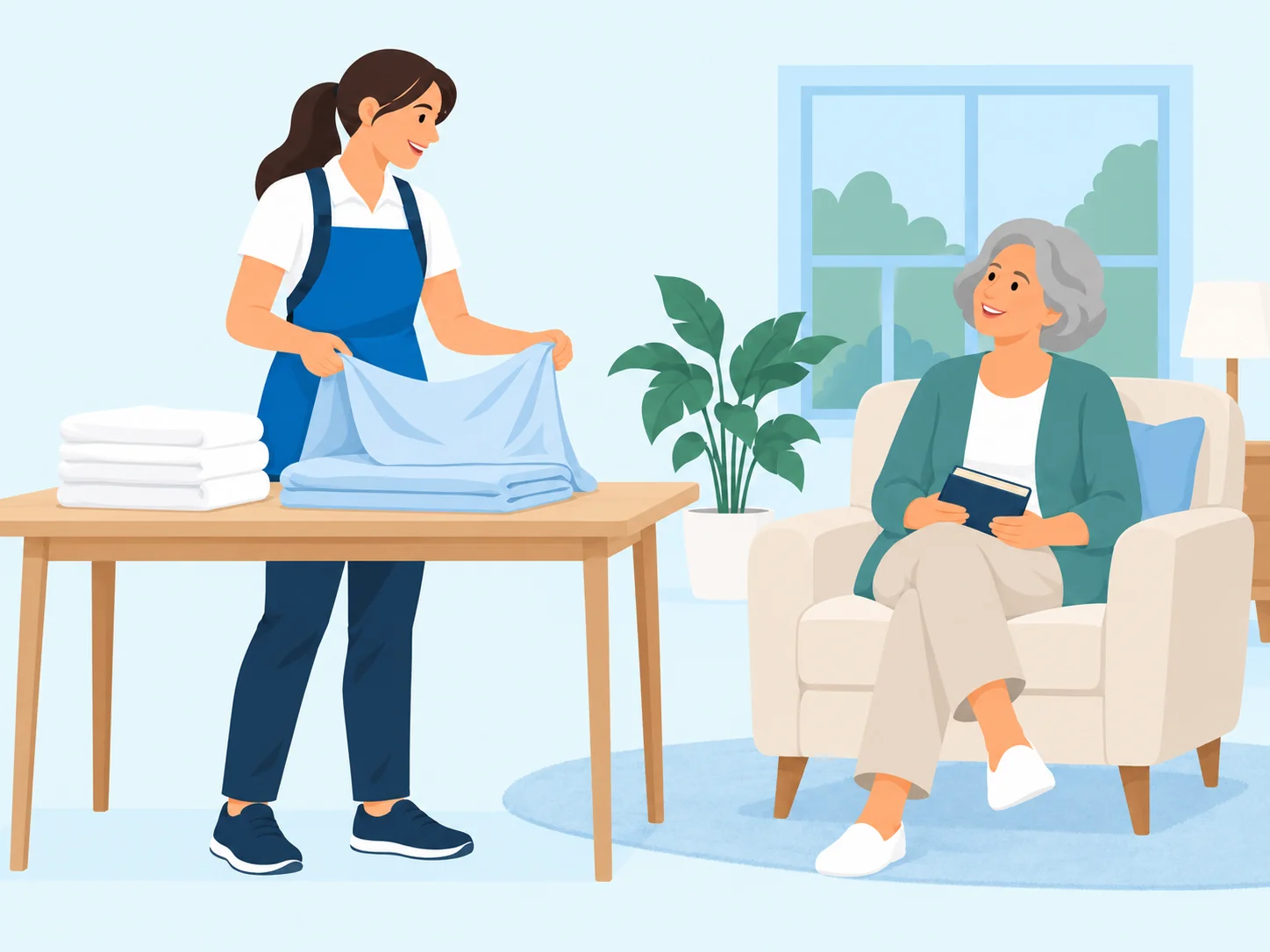A professional cleaner folding household linen in an older person’s home.