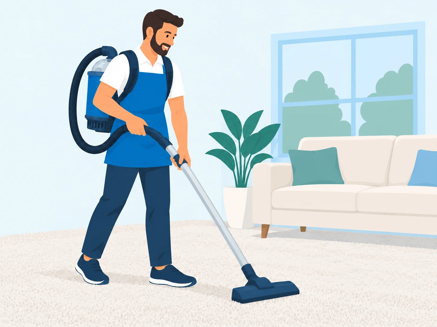 A professional cleaner using a blue backpack vacuum on carpet.