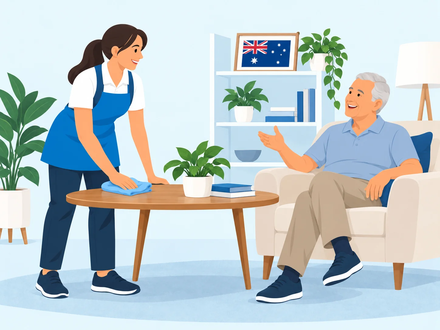An older Australian veteran at home with a professional cleaner and a small Australian flag.
