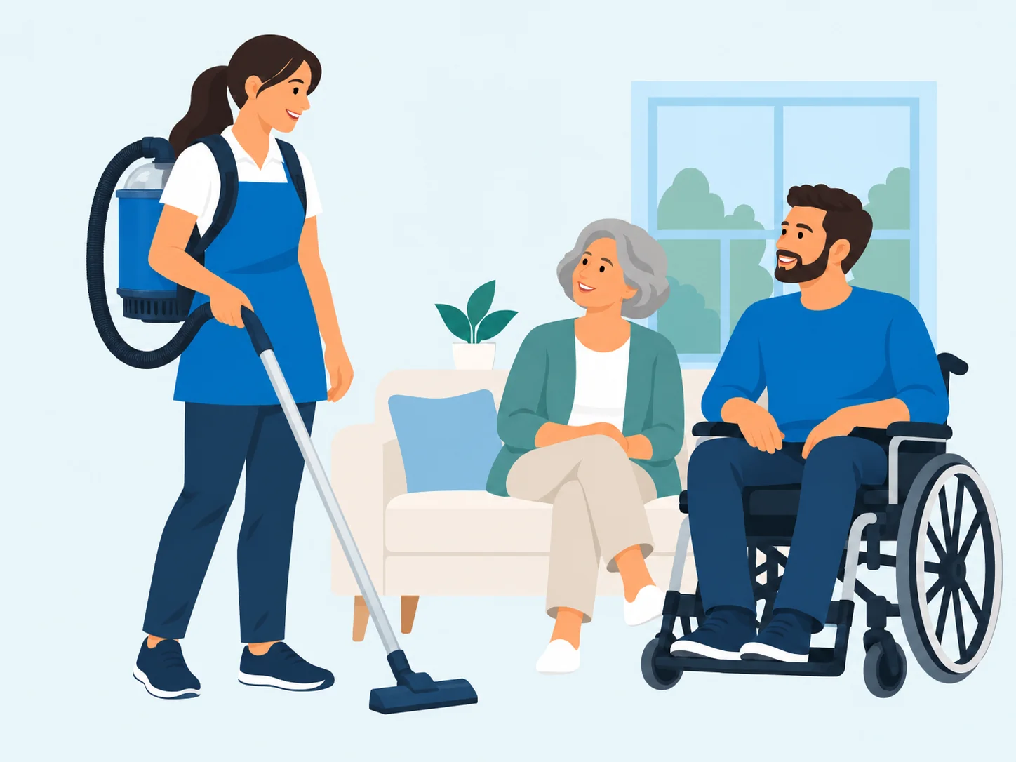 Cleaner wearing a blue backpack vacuum with an older woman and a wheelchair user at home.