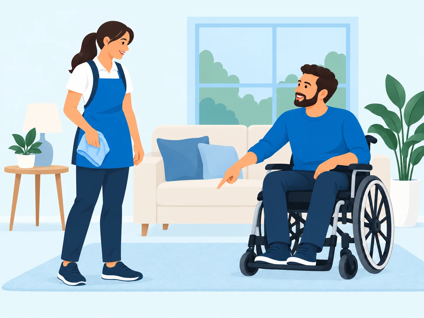 A wheelchair user discussing household cleaning with a professional cleaner.