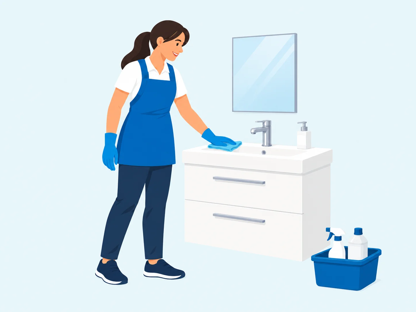 A professional cleaner wiping a bathroom basin during a one-off clean.