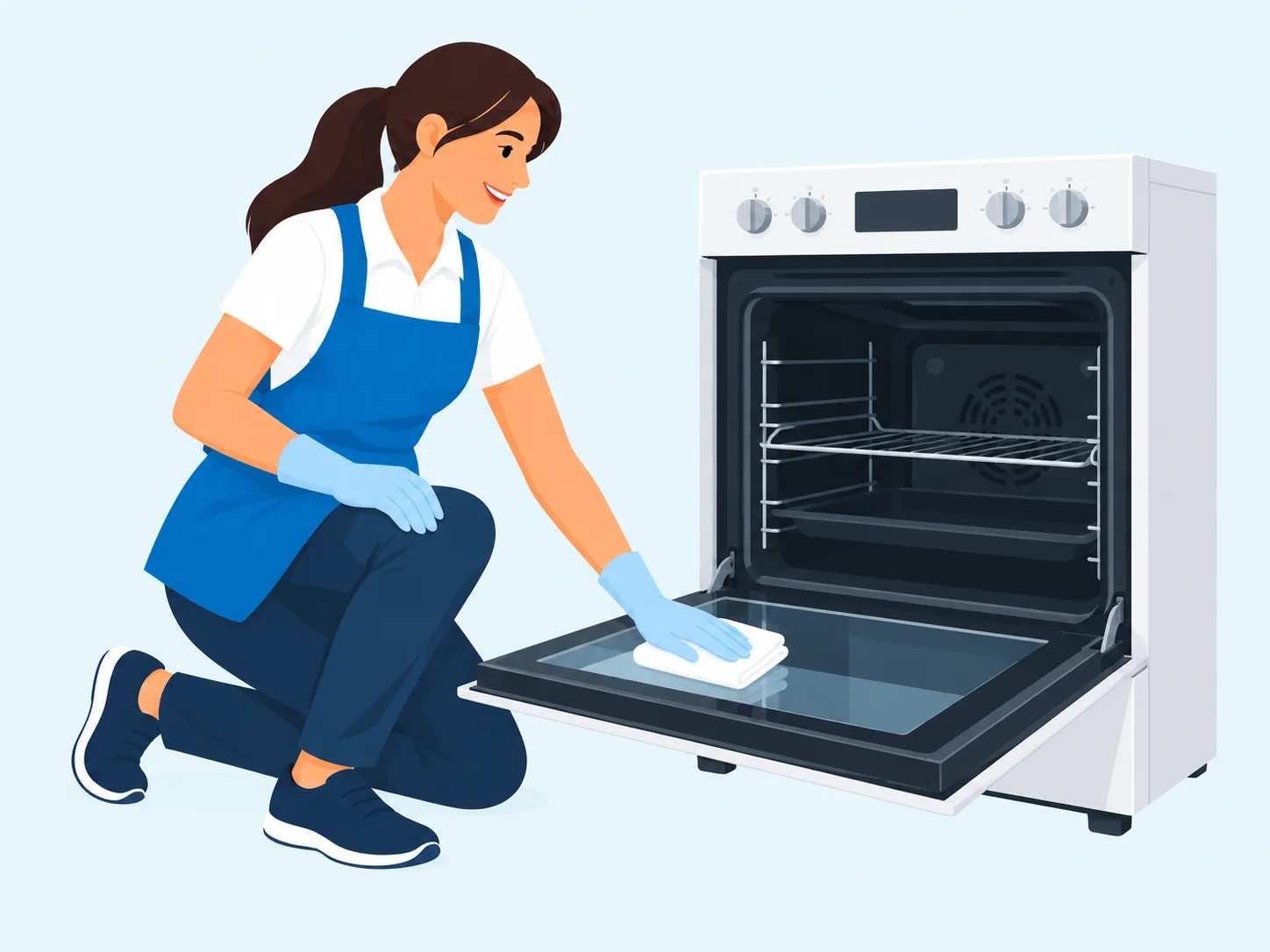 A professional cleaner wiping an open oven door with a cloth.