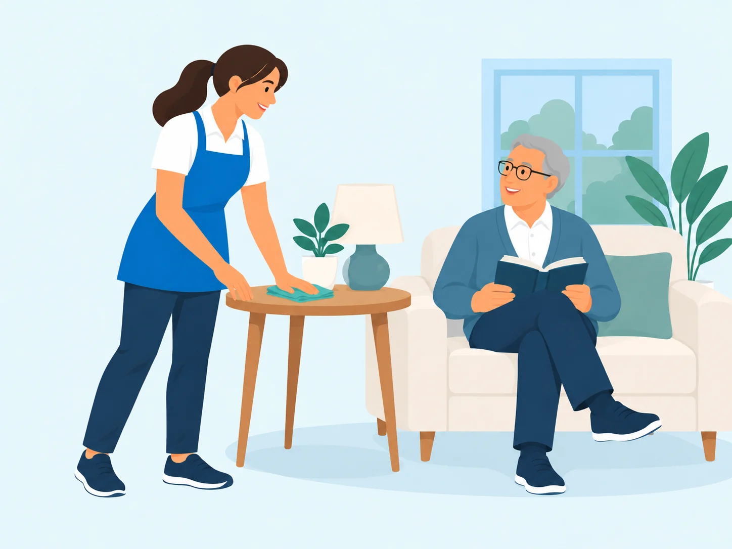 A professional cleaner wiping a side table beside an older man reading at home.