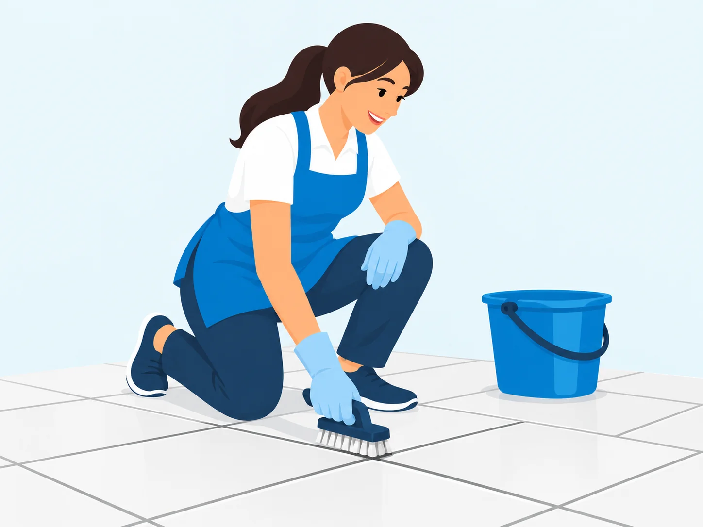 A professional cleaner scrubbing a grout line between floor tiles.