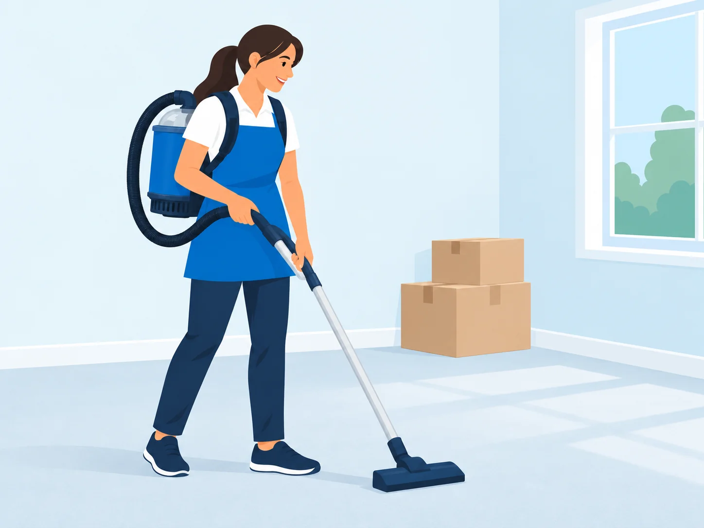 A professional cleaner using a backpack vacuum in an empty room with moving boxes.
