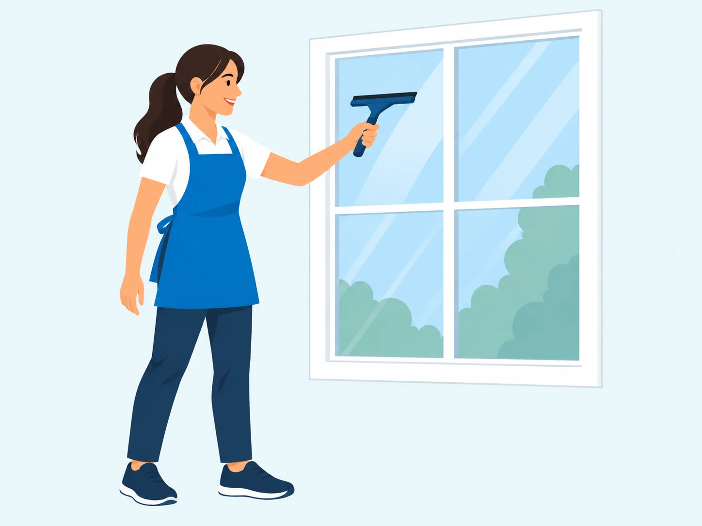 A professional cleaner using a squeegee on window glass.